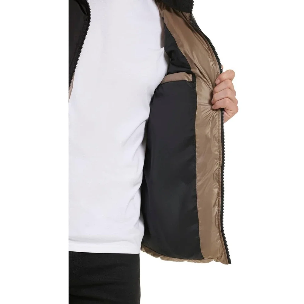 Kenneth Cole Puffer Jacket Hooded Black Tan Color Block Full‎ Zip Mens XXL
